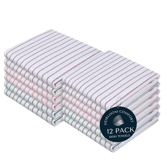 HEIRLOOM COMFORT Multi Colors Kitchen Towels 12 Pack, 100% Cotton, Classic Striped Towel Set, Super Absorbent & Durable Dishcloths, Quick Drying for Drying Dishes - Burgundy, Orange, Green