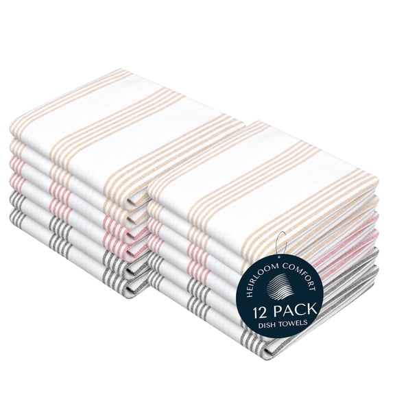 HEIRLOOM COMFORT 100% Cotton Kitchen Towels Set of 12, Pin Striped, Soft, Quick Drying, Absorbent & Reusable Dish Cloths, Washing & Cleaning Rags, 18" x 26", Beige, Rust, Black