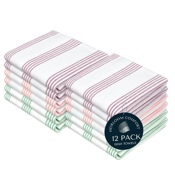 HEIRLOOM COMFORT Multi Colors Kitchen Towels 12 Pack, 100% Cotton, Pin Striped Towel Set, Super Absorbent & Durable Dishcloths, Quick Drying for Drying Dishes - Burgundy, Orange, Green