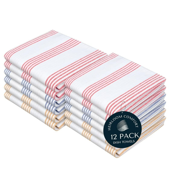 HEIRLOOM COMFORT Multi Colors Kitchen Towels 12 Pack, 100% Cotton, Pin Striped Towel Set, Super Absorbent, Quick Drying Fabric for Drying Dishes - Red, Indigo Blue, Mustard Yellow