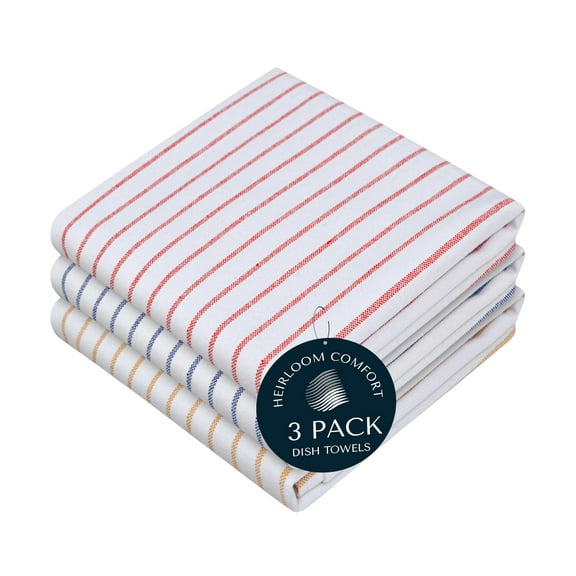 HEIRLOOM COMFORT Multi Colors Kitchen Towels 3 Pack, 100% Cotton, Classic Striped Towel Set, Super Absorbent, Quick Drying Fabric for Drying Dishes - Red, Indigo Blue, Mustard Yellow