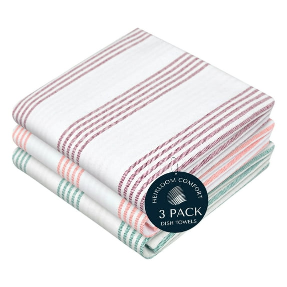 HEIRLOOM COMFORT Multi Colors Kitchen Towels 3 Pack, 100% Cotton, Pin Striped Towel Set, Super Absorbent & Durable Dishcloths, Quick Drying for Drying Dishes - Burgundy, Orange, Green