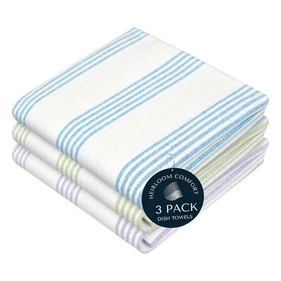 HEIRLOOM COMFORT Multi Colors Kitchen Towels 3 Pack, 100% Cotton, Pin Striped Towel Set, Super Absorbent & Durable Dishcloths, Quick Drying for Drying Dishes - Turquiose Blue, Green, Lavender