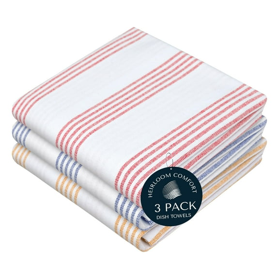 HEIRLOOM COMFORT Multi Colors Kitchen Towels 3 Pack, 100% Cotton, Pin Striped Towel Set, Super Absorbent, Quick Drying Fabric for Drying Dishes - Red, Indigo Blue, Mustard Yellow