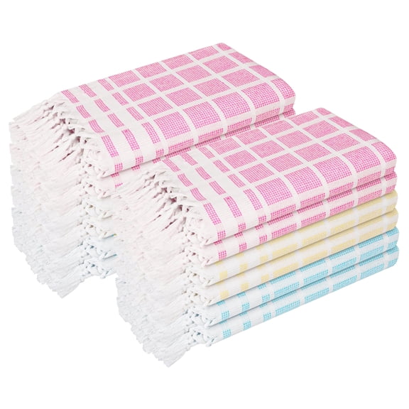 HEIRLOOM COMFORT Multi Dotted Matrix Kitchen Towels 12 Pack, 100% Cotton, 16x26 Inch, Decorative Tassel Design, Soft and Absorbent Dish Towel for Everyday Use, Rose Pink, Pale Yellow, Aqua Blue