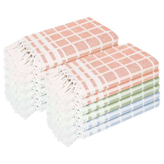 HEIRLOOM COMFORT Multi Dotted Matrix Towels 12 Pack, 100% Cotton, 16x26 Inch, Decorative Tassel Kitchen Towels, Absorbent & Fast Drying Dish Cloths for Daily Use, Bright Orange, Mint Green, Sky Blue