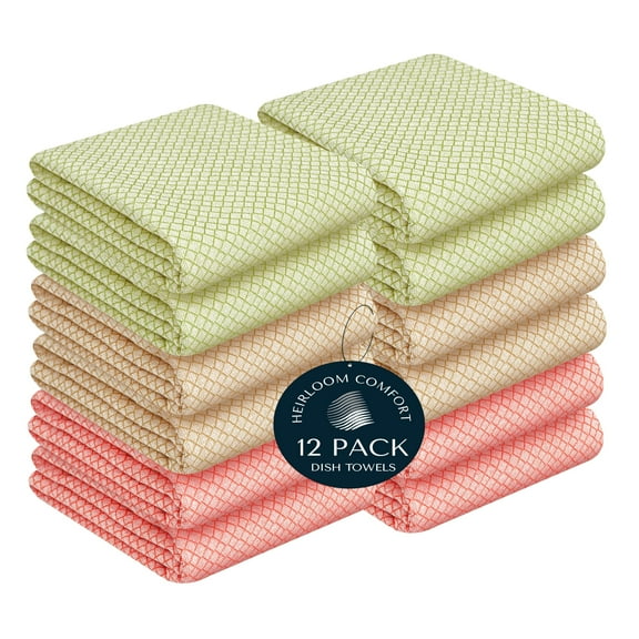 HEIRLOOM COMFORT Multi Honeycomb Dish Towels 12 Pack, 16"x26", 100% Cotton, Super Absorbent, Quick Dry, Reusable, Durable Kitchen Towels for Drying, Cleaning & Everyday Use - Green, Kakhi, Orange