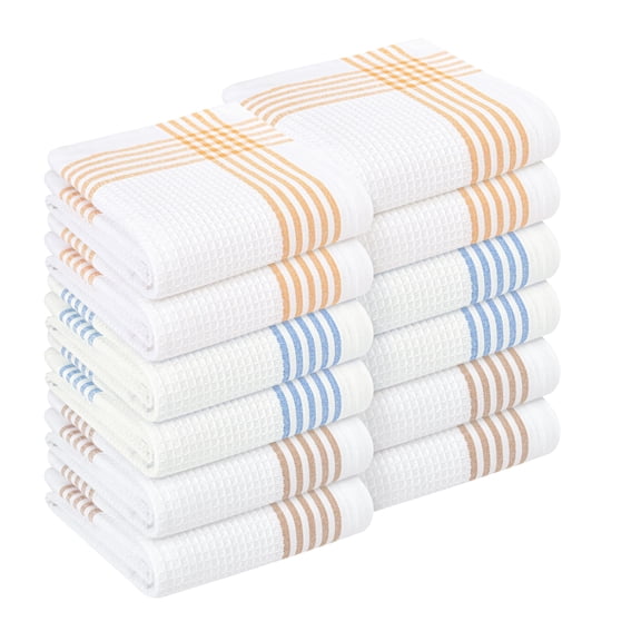 HEIRLOOM COMFORT Multi White Waffle Kitchen Towels 12 Pack, 100% Cotton, 16x26 Inch, Ultra Absorbent, Fast Dry Dish Towels, Reusable Dishcloths for Drying, Cleaning, Mustard Yellow, Sky Blue, Brown