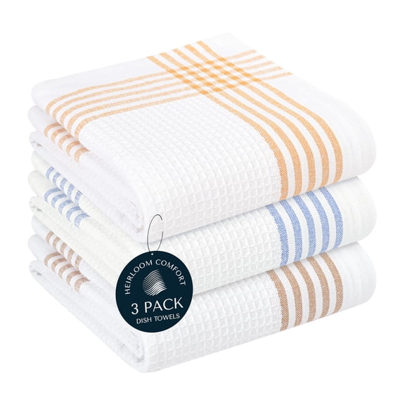 HEIRLOOM COMFORT Multi White Waffle Kitchen Towels 3 Pack, 100% Cotton, 16x26 Inch, Ultra Absorbent, Fast Dry Dish Towels, Reusable Dishcloths for Drying, Cleaning, Mustard Yellow, Sky Blue, Brown