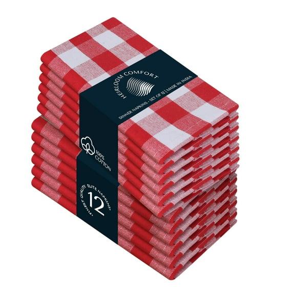 HEIRLOOM COMFORT Multicolor Gingham Checked Napkins Set of 12, 18x18 Inch, 100% Cotton, Soft, Absorbent & Durable, Reusable Table Dinner Napkins for Wedding, Picnic, Everyday Dining - Red and White