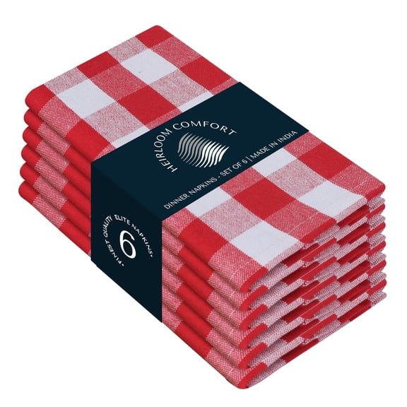 HEIRLOOM COMFORT Cloth Napkins Set of 6, 100% Cotton Napkin, Soft & Reusable Gingham Napkins for Dinner, Wedding, Dining, 18" x 18", Red, White