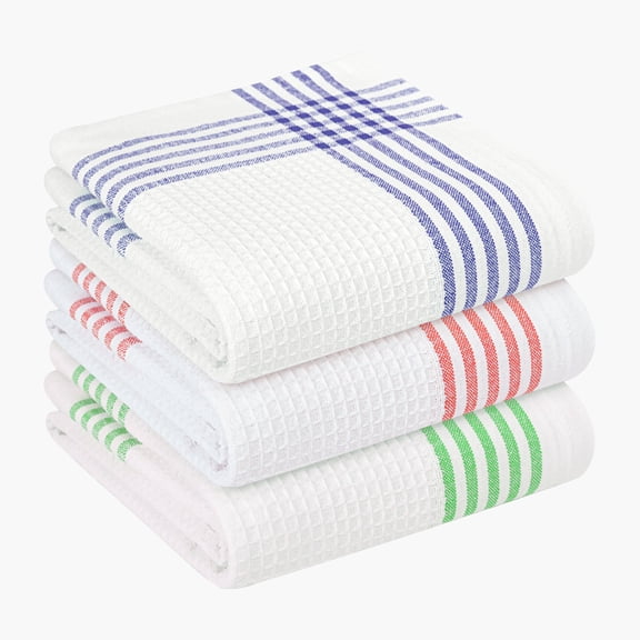 HEIRLOOM COMFORT Multicolor Kitchen Towels 3 Pack, 16x26 Inch, Waffle Weave, Quick Dry, Absorbent, Durable Dish Towels for Drying, Cleaning, Cooking, Daily Kitchen Use, Indigo Blue, Red, Dark Green