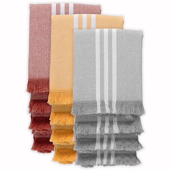 HEIRLOOM COMFORT Multicolor Stripe Kitchen Towels 12 Pack, 16x26 Inch, 100% Cotton, Super Absorbent & Quick Dry, Durable, Fringed Dish Towel, Washable, Everyday Use, Light Grey, Mustard Yellow, Rust