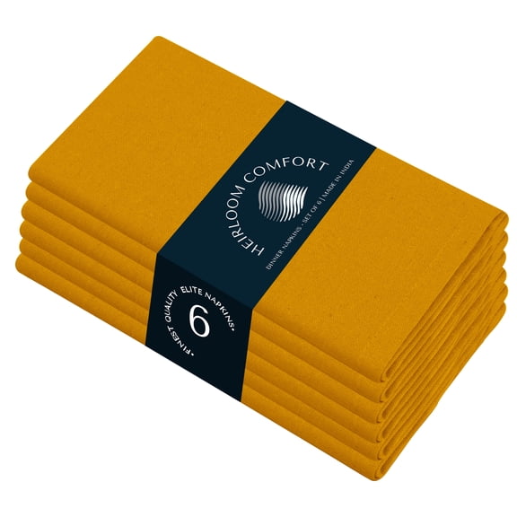 HEIRLOOM COMFORT Cloth Napkins Set of 6, 100% Cotton Napkin, Soft & Reusable Cotton Napkins, Napkin for Dinner, Wedding, Dining, 17" x 17" (Mustard Yellow)