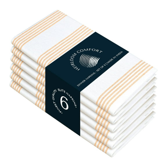 HEIRLOOM COMFORT Mustard Yellow Stripe Cloth Napkins (Set of 6), 18x18 Inch, 100% Cotton, Multi Pin Striped Table Napkin for Dinner, Lunch, Fall, Reusable and Machine Washable Fabric for Everyday Use