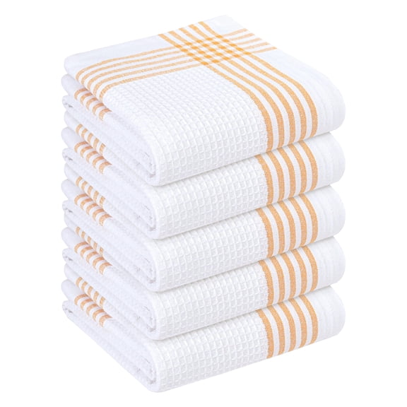 HEIRLOOM COMFORT Mustard Yellow and White Waffle Kitchen Towels 5 Pack, 100% Cotton, 16x26 Inch, Super Absorbent, Quick Dry Dish Towels, Reusable & Soft Dishcloths for Kitchen Cleaning