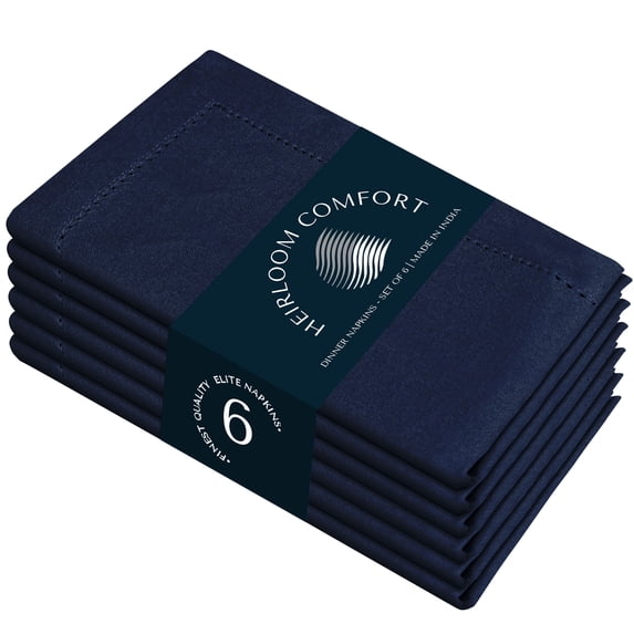 HEIRLOOM COMFORT Hemstitched Cloth Napkins Set of 6, 100% Cotton Napkin, Soft & Reusable Cotton Napkins, Hemstitched Napkin for Dinner, Wedding, Dining, 18" x 18" (Navy Blue)