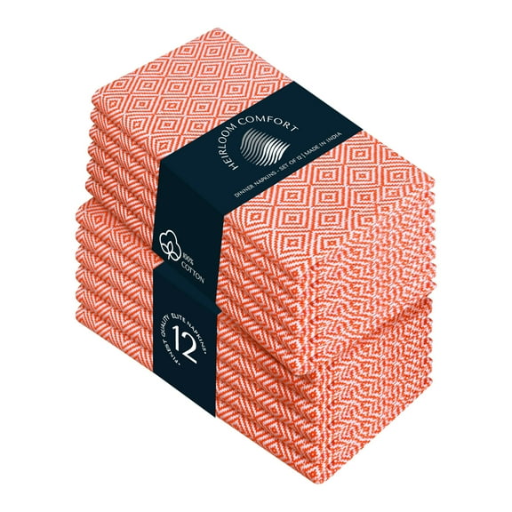 HEIRLOOM COMFORT Orange Diamond Weave Cloth Napkins Set of 12, Large 16x16 Inches, 100% Cotton, Machine Washable Table Napkin for Dining Tables, Dinner, Lunch, Parties, Celebrations & Everyday Use