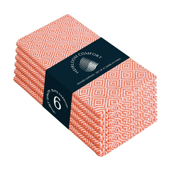 HEIRLOOM COMFORT Orange Diamond Weave Cloth Napkins Set of 6, Large 16x16 Inches, 100% Cotton, Machine Washable Table Napkin for Dining Tables, Dinner, Lunch, Parties, Celebrations & Everyday Use