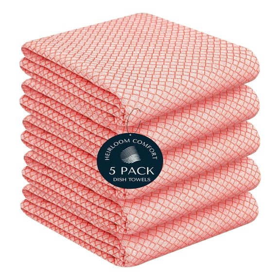 HEIRLOOM COMFORT Orange Honeycomb Kitchen Towels 5 Pack, 16x26 Inch, 100% Cotton, Quick Drying, Soft & Absorbent, Reusable, Washable Dish Towels for Drying, Cleaning, Kitchen & Dining Use