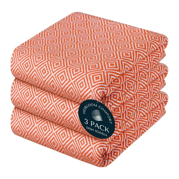 HEIRLOOM COMFORT Orange Kitchen Towels (3 Pack), 100% Cotton, Diamond Weave Towel Set, 16"x26", Super Absorbent & Durable Dish Cloths, Quick Drying Fabric for Drying Dishes, Everyday Kitchen Cleaning