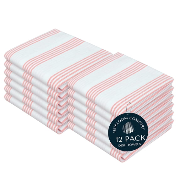 HEIRLOOM COMFORT 100% Cotton Kitchen Towels Set of 12, Pin Striped, Soft, Quick Drying, Absorbent & Reusable Dish Cloths, Washing & Cleaning Rags, 18" x 26", Baby Orange