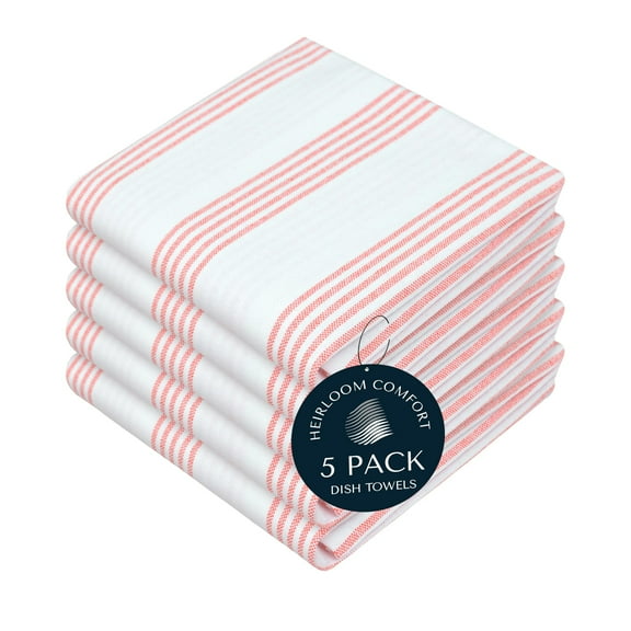 HEIRLOOM COMFORT Orange Stripe Cotton Kitchen Towels Set of 5, Durable & Super Absorbent Dishcloths Pack, Multi Pin Stripe Towel Set, Quick Dry Towels for Daily Kitchen Use, Wiping & Drying Dishes