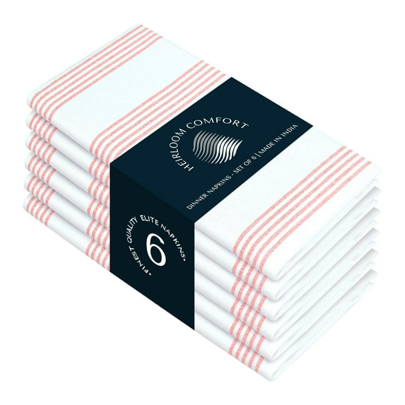HEIRLOOM COMFORT Orange Stripe Fabric Napkins (Set of 6), Large 18 x 18 Inches, 100% Cotton, Machine Washable, Multi Pin Striped Cloth Napkin for Dinner, Lunch, Parties, Celebrations, Everyday Use