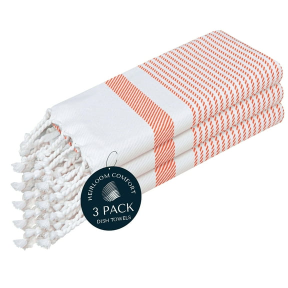 HEIRLOOM COMFORT Orange Turkish Kitchen Towels 16x26 Inch, 3 Pack, 100% Cotton, Ultra Absorbent, Soft, Fast Dry, Machine Washable, Dish Towel with Tassels for Drying Dishes, Cleaning, Everyday Use