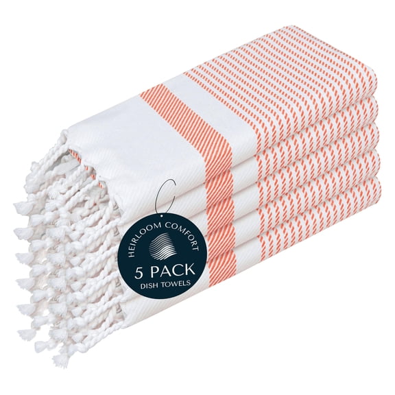 HEIRLOOM COMFORT 100% Cotton Kitchen Towels Set of 5, Turkish, Soft, Quick Drying, Absorbent & Reusable Dish Cloths, Washing & Cleaning Rags, 16" x 26", Orange