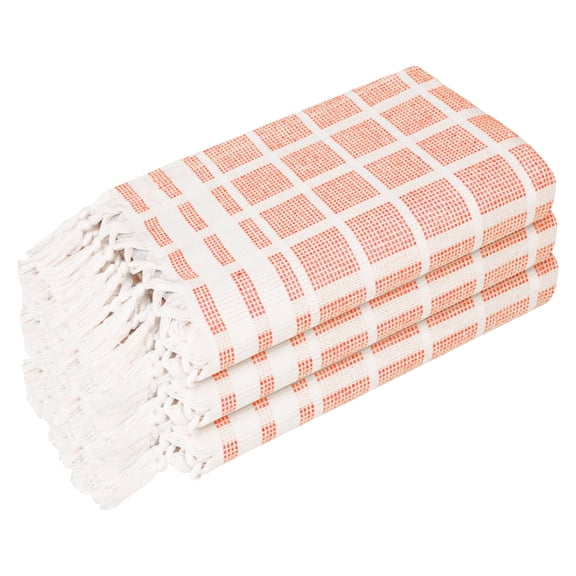 HEIRLOOM COMFORT Orange and White Dotted Matrix Dish Towels 3 Pack, 16x26 Inch, 100% Cotton, Decorative Tassels, Soft, Absorbent, Reusable, Quick Dry for Kitchen Use