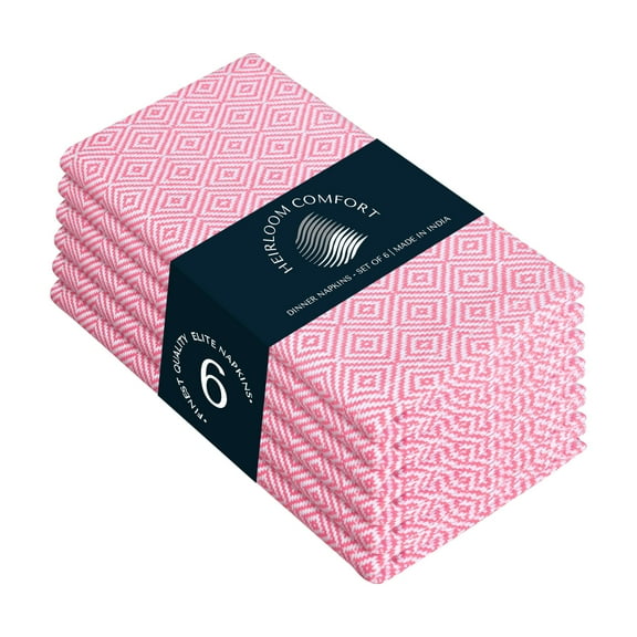 HEIRLOOM COMFORT Pink Diamond Weave Cloth Napkins Set of 6, 16x16 Inch, 100% Cotton, Soft & Durable Fabric Table Linen for Events, Dinner Gatherings, Everyday Dining & Special Occasions