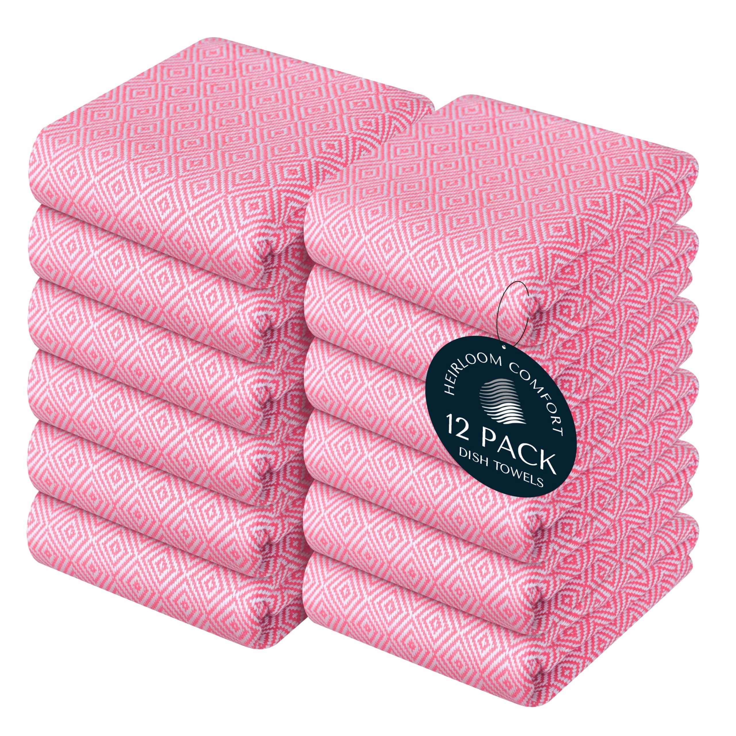 HEIRLOOM COMFORT Pink Kitchen Towels 12 Pack, Ultra Absorbent, Diamond Weave Durable Towel Set, 100% Cotton, Reusable, Quick Dry Dish Towels for Cleaning Counters, Drying Dishes, Everyday Cleanup
