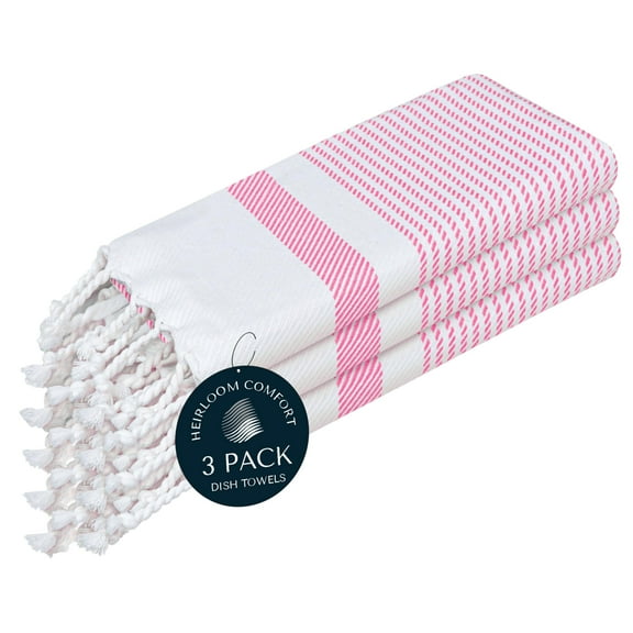HEIRLOOM COMFORT Pink Turkish Kitchen Towels 16x26 Inch, 3 Pack, 100% Cotton, Ultra Absorbent, Soft, Fast Dry, Machine Washable, Dish Towel with Tassels for Drying Dishes, Cleaning, Everyday Use