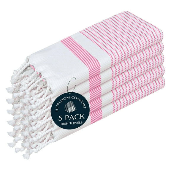 HEIRLOOM COMFORT Pink Turkish Kitchen Towels 16x26 Inch, 5 Pack, 100% Cotton, Ultra Absorbent, Soft, Fast Dry, Machine Washable, Dish Towel with Tassels for Drying Dishes, Cleaning, Everyday Use