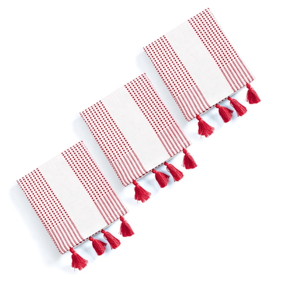 HEIRLOOM COMFORT Red Decorative Dotted Kitchen Towels 16x26 Inch, 3 Pack, 100% Cotton, Super Absorbent & Soft, Fast Dry Dish Towels with Tassels for Cleaning, Drying Dishes, and Daily Use