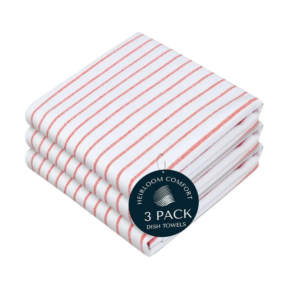HEIRLOOM COMFORT Red Stripe Cotton Kitchen Towels Set of 3, Durable & Super Absorbent Dishcloths Pack, Classic Stripe Towel Set, Quick Dry Towels for Daily Kitchen Use, Wiping & Drying Dishes