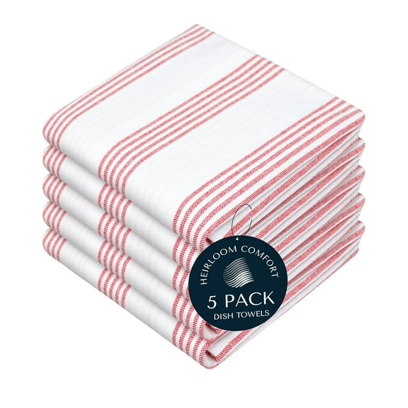 HEIRLOOM COMFORT Red Stripe Cotton Kitchen Towels Set of 5, Durable & Super Absorbent Dishcloths Pack, Multi Pin Stripe Towel Set, Quick Dry Towels for Daily Kitchen Use, Wiping & Drying Dishes