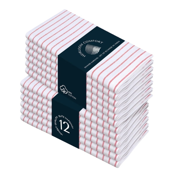 HEIRLOOM COMFORT Red Stripe Dinner Napkins (Set of 12), Large 18 x 18 Inches, 100% Cotton, Soft, Absorbent & Durable Classic Striped Table Napkin for Everyday Use, Parties, Wedding Receptions, Lunch