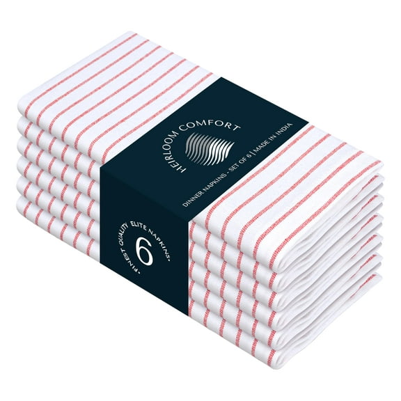 HEIRLOOM COMFORT Red Stripe Dinner Napkins (Set of 6), Large 18 x 18 Inches, 100% Cotton, Soft, Absorbent, Durable Classic Striped Cloth Napkin for Everyday Use, Parties, Wedding Receptions, Lunch