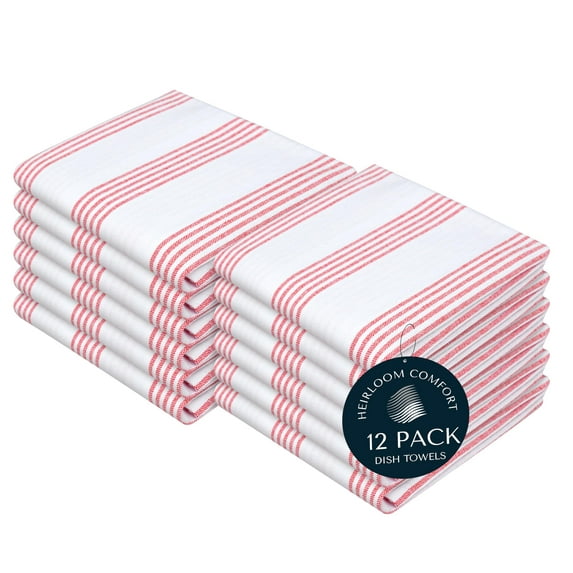 HEIRLOOM COMFORT Red Stripe Kitchen Towels Set of 12, 100% Cotton, Durable & Super Absorbent Dishcloths Pack, Multi Pin Stripe Towel Set, Quick Dry Towels for All Kitchen Use, Wiping & Drying Dishes