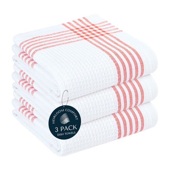 HEIRLOOM COMFORT Red and White Waffle Weave Kitchen Towels 3 Pack, 16x26 Inch, Cotton Dish Towels with Hanging Loop, Quick Dry, Absorbent, Machine Washable, Durable for Kitchen & Cleaning