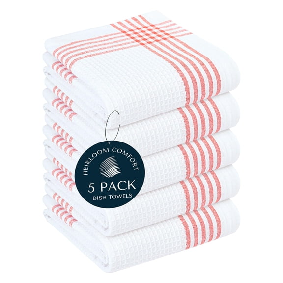HEIRLOOM COMFORT 100% Cotton Kitchen Towels Set of 5, Waffle Weave, Soft, Quick Drying, Absorbent & Reusable Dish Cloths, Washing & Cleaning Rags, 16" x 26", Red, White