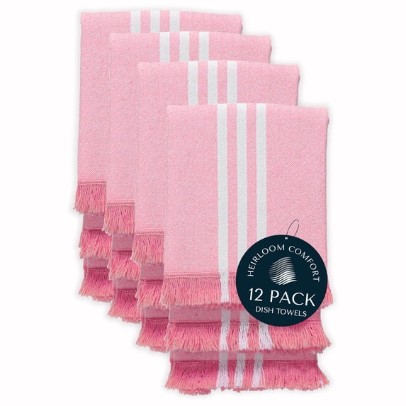 HEIRLOOM COMFORT Rose Pink Monochrome Stripe Kitchen Towels 12 Pack, 16x26 Inch, 100% Cotton, Super Absorbent & Quick Dry, Durable, Fringed Dish Towel for Drying Dishes, Washable, Everyday Use