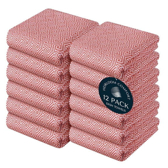 HEIRLOOM COMFORT Rust Kitchen Towels, 12 Pack, 100% Cotton, 16"x26", Reusable, Super Absorbent and Quick Dry, Diamond Pattern Towel Set, Durable Dish Cloths for Kitchen Use, Cleaning & Drying Dishes