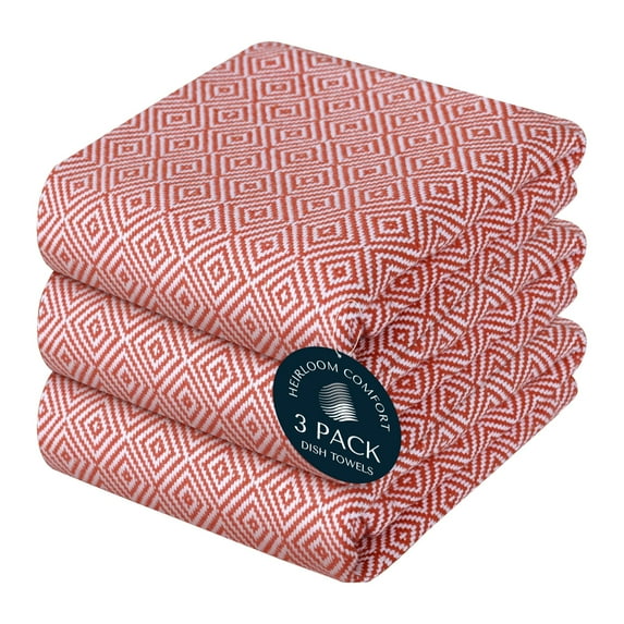 HEIRLOOM COMFORT Rust Kitchen Towels, 3 Pack, 100% Cotton, 16"x26", Durable, Reusable, Super Absorbent and Quick Dry, Diamond Pattern Towel Set, Dish Cloths for Kitchen Use, Cleaning & Drying Dishes