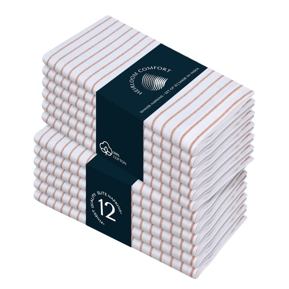 HEIRLOOM COMFORT Rust Stripe Cloth Napkins (Set of 12), 18x18 Inch, 100% Cotton, Durable and Reusable Napkin, Classic Striped Table Linen for Dinner Tables, Holiday Meals, Fall Events, and Daily Use