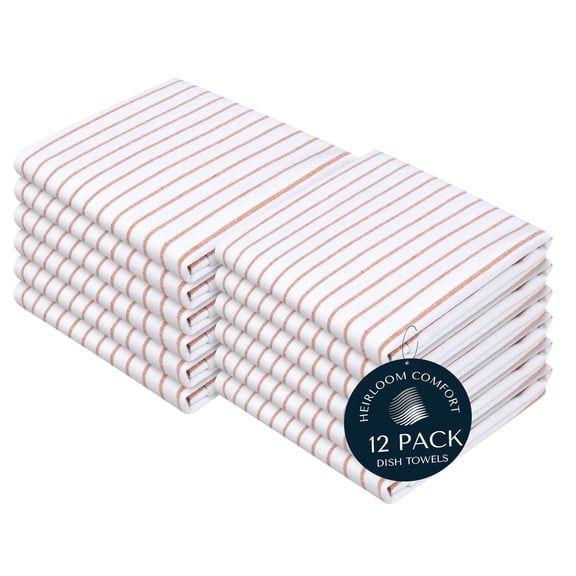 HEIRLOOM COMFORT Rust Stripe Dish Towels, 12 Pack, 100% Cotton, Super Absorbent and Quick Dry, Classic Striped Kitchen Towel Set, Durable Wash Cloths for Kitchen Use, Cleaning & Drying Dishes