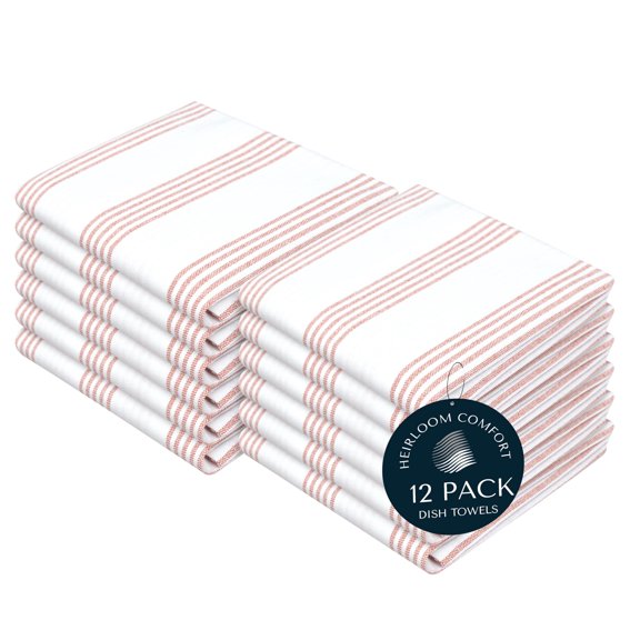 HEIRLOOM COMFORT Rust Stripe Dish Towels, 12 Pack, 100% Cotton, Super Absorbent and Quick Dry, Multi Pin Striped Kitchen Towel Set, Durable Wash Cloths for Kitchen Use, Cleaning & Drying Dishes