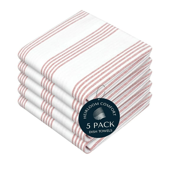 HEIRLOOM COMFORT Rust Stripe Dish Towels, 5 Pack, 100% Cotton, Super Absorbent and Quick Dry, Multi Pin Striped Kitchen Towel Set, Durable Wash Cloths for Kitchen Use, Cleaning & Drying Dishes